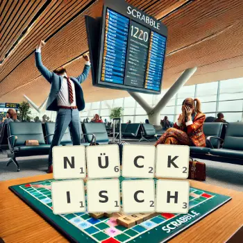 Kreative Illustration für ein Scrabble-Spiel, bei dem das Wort NÜCKISCH mit Steinen auf dem Brett gelegt wurde.