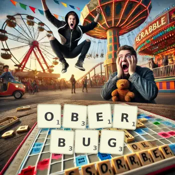Kreative Illustration für ein Scrabble-Spiel, bei dem das Wort OBERBUG mit Steinen auf dem Brett gelegt wurde.