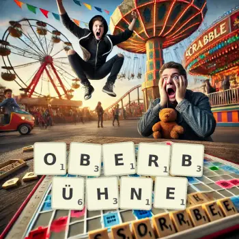 Kreative Illustration für ein Scrabble-Spiel, bei dem das Wort OBERBÜHNE mit Steinen auf dem Brett gelegt wurde.