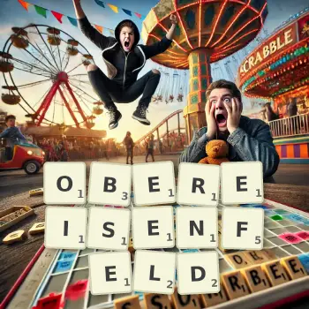 Kreative Illustration für ein Scrabble-Spiel, bei dem das Wort OBEREISENFELD mit Steinen auf dem Brett gelegt wurde.