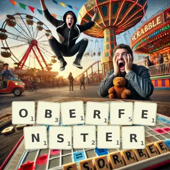 Kreative Illustration für ein Scrabble-Spiel, bei dem das Wort OBERFENSTER mit Steinen auf dem Brett gelegt wurde.