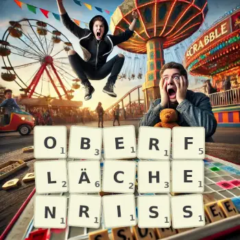 Kreative Illustration für ein Scrabble-Spiel, bei dem das Wort OBERFLÄCHENRISS mit Steinen auf dem Brett gelegt wurde.