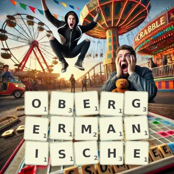 Kreative Illustration für ein Scrabble-Spiel, bei dem das Wort OBERGERMANISCHE mit Steinen auf dem Brett gelegt wurde.