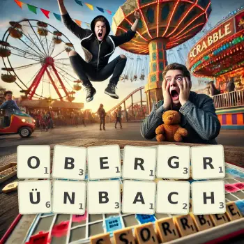Kreative Illustration für ein Scrabble-Spiel, bei dem das Wort OBERGRÜNBACH mit Steinen auf dem Brett gelegt wurde.
