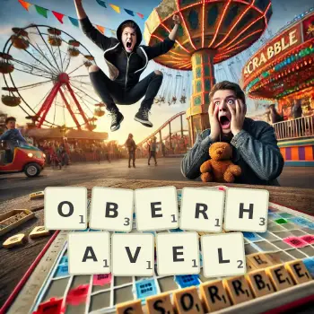 Kreative Illustration für ein Scrabble-Spiel, bei dem das Wort OBERHAVEL mit Steinen auf dem Brett gelegt wurde.