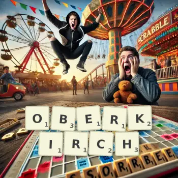 Kreative Illustration für ein Scrabble-Spiel, bei dem das Wort OBERKIRCH mit Steinen auf dem Brett gelegt wurde.