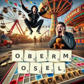 Kreative Illustration für ein Scrabble-Spiel, bei dem das Wort OBERMOSEL mit Steinen auf dem Brett gelegt wurde.