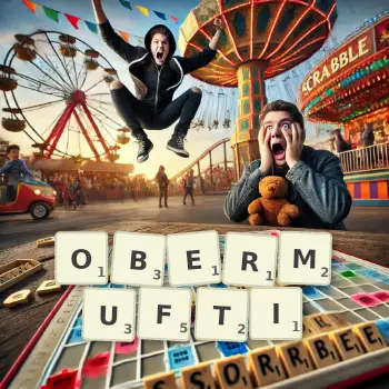 Kreative Illustration für ein Scrabble-Spiel, bei dem das Wort OBERMUFTI mit Steinen auf dem Brett gelegt wurde.