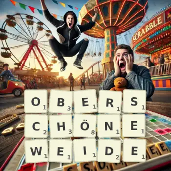 Kreative Illustration für ein Scrabble-Spiel, bei dem das Wort OBERSCHÖNEWEIDE mit Steinen auf dem Brett gelegt wurde.
