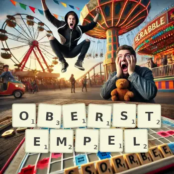 Kreative Illustration für ein Scrabble-Spiel, bei dem das Wort OBERSTEMPEL mit Steinen auf dem Brett gelegt wurde.