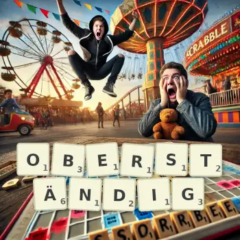 Kreative Illustration für ein Scrabble-Spiel, bei dem das Wort OBERSTÄNDIG mit Steinen auf dem Brett gelegt wurde.