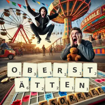 Kreative Illustration für ein Scrabble-Spiel, bei dem das Wort OBERSTÄTTEN mit Steinen auf dem Brett gelegt wurde.