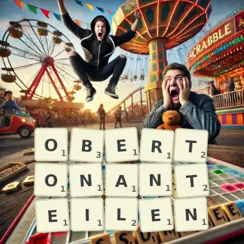 Kreative Illustration für ein Scrabble-Spiel, bei dem das Wort OBERTONANTEILEN mit Steinen auf dem Brett gelegt wurde.
