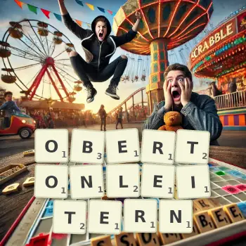 Kreative Illustration für ein Scrabble-Spiel, bei dem das Wort OBERTONLEITERN mit Steinen auf dem Brett gelegt wurde.