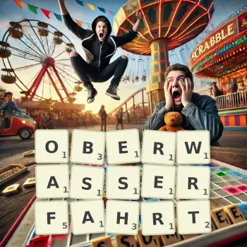 Kreative Illustration für ein Scrabble-Spiel, bei dem das Wort OBERWASSERFAHRT mit Steinen auf dem Brett gelegt wurde.