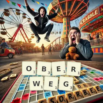 Kreative Illustration für ein Scrabble-Spiel, bei dem das Wort OBERWEG mit Steinen auf dem Brett gelegt wurde.