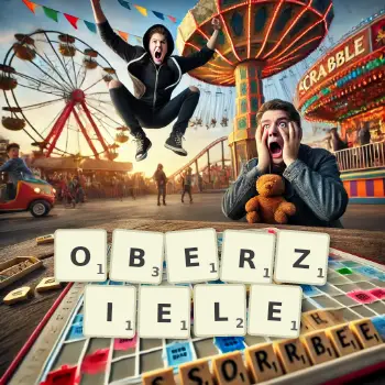 Kreative Illustration für ein Scrabble-Spiel, bei dem das Wort OBERZIELE mit Steinen auf dem Brett gelegt wurde.