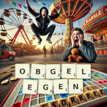 Kreative Illustration für ein Scrabble-Spiel, bei dem das Wort OBGELEGEN mit Steinen auf dem Brett gelegt wurde.