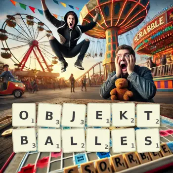 Kreative Illustration für ein Scrabble-Spiel, bei dem das Wort OBJEKTBALLES mit Steinen auf dem Brett gelegt wurde.