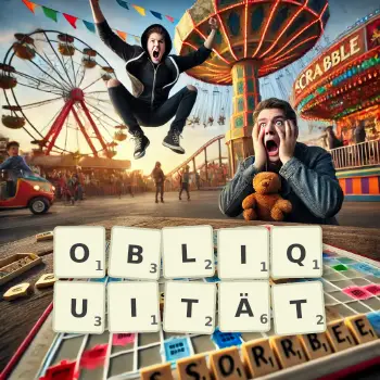 Kreative Illustration für ein Scrabble-Spiel, bei dem das Wort OBLIQUITÄT mit Steinen auf dem Brett gelegt wurde.