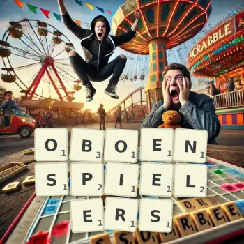 Kreative Illustration für ein Scrabble-Spiel, bei dem das Wort OBOENSPIELERS mit Steinen auf dem Brett gelegt wurde.