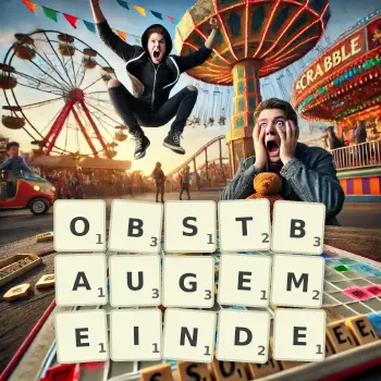Kreative Illustration für ein Scrabble-Spiel, bei dem das Wort OBSTBAUGEMEINDE mit Steinen auf dem Brett gelegt wurde.