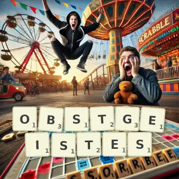 Kreative Illustration für ein Scrabble-Spiel, bei dem das Wort OBSTGEISTES mit Steinen auf dem Brett gelegt wurde.