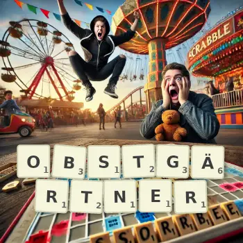 Kreative Illustration für ein Scrabble-Spiel, bei dem das Wort OBSTGÄRTNER mit Steinen auf dem Brett gelegt wurde.