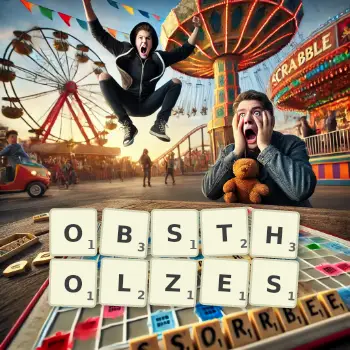 Kreative Illustration für ein Scrabble-Spiel, bei dem das Wort OBSTHOLZES mit Steinen auf dem Brett gelegt wurde.