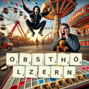 Kreative Illustration für ein Scrabble-Spiel, bei dem das Wort OBSTHÖLZERN mit Steinen auf dem Brett gelegt wurde.