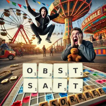 Kreative Illustration für ein Scrabble-Spiel, bei dem das Wort OBSTSAFT mit Steinen auf dem Brett gelegt wurde.