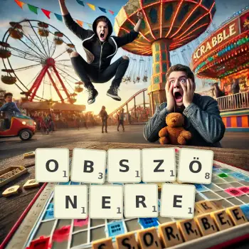 Kreative Illustration für ein Scrabble-Spiel, bei dem das Wort OBSZÖNERE mit Steinen auf dem Brett gelegt wurde.
