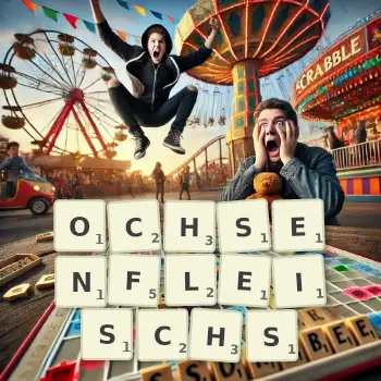 Kreative Illustration für ein Scrabble-Spiel, bei dem das Wort OCHSENFLEISCHS mit Steinen auf dem Brett gelegt wurde.