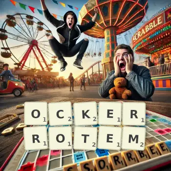 Kreative Illustration für ein Scrabble-Spiel, bei dem das Wort OCKERROTEM mit Steinen auf dem Brett gelegt wurde.