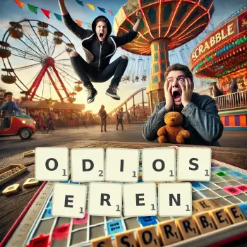 Kreative Illustration für ein Scrabble-Spiel, bei dem das Wort ODIOSEREN mit Steinen auf dem Brett gelegt wurde.