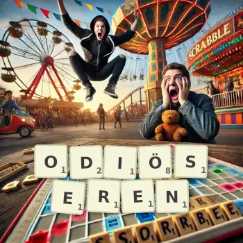 Kreative Illustration für ein Scrabble-Spiel, bei dem das Wort ODIÖSEREN mit Steinen auf dem Brett gelegt wurde.