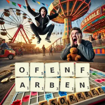 Kreative Illustration für ein Scrabble-Spiel, bei dem das Wort OFENFARBEN mit Steinen auf dem Brett gelegt wurde.
