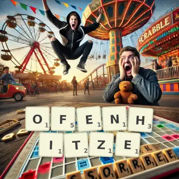 Kreative Illustration für ein Scrabble-Spiel, bei dem das Wort OFENHITZE mit Steinen auf dem Brett gelegt wurde.