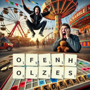 Kreative Illustration für ein Scrabble-Spiel, bei dem das Wort OFENHOLZES mit Steinen auf dem Brett gelegt wurde.