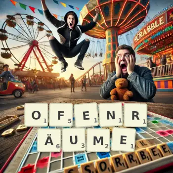 Kreative Illustration für ein Scrabble-Spiel, bei dem das Wort OFENRÄUME mit Steinen auf dem Brett gelegt wurde.