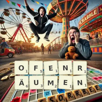 Kreative Illustration für ein Scrabble-Spiel, bei dem das Wort OFENRÄUMEN mit Steinen auf dem Brett gelegt wurde.