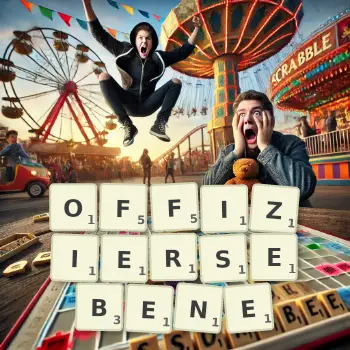 Kreative Illustration für ein Scrabble-Spiel, bei dem das Wort OFFIZIERSEBENE mit Steinen auf dem Brett gelegt wurde.