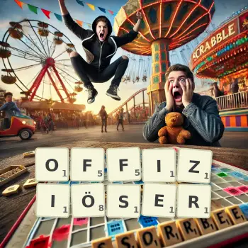 Kreative Illustration für ein Scrabble-Spiel, bei dem das Wort OFFIZIÖSER mit Steinen auf dem Brett gelegt wurde.