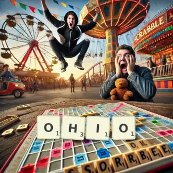 Kreative Illustration für ein Scrabble-Spiel, bei dem das Wort OHIO mit Steinen auf dem Brett gelegt wurde.