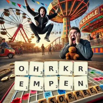 Kreative Illustration für ein Scrabble-Spiel, bei dem das Wort OHRKREMPEN mit Steinen auf dem Brett gelegt wurde.