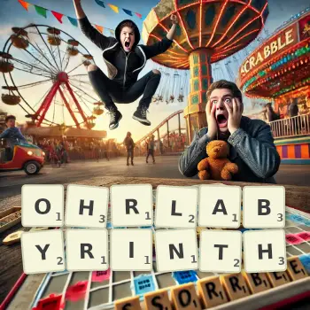 Kreative Illustration für ein Scrabble-Spiel, bei dem das Wort OHRLABYRINTH mit Steinen auf dem Brett gelegt wurde.