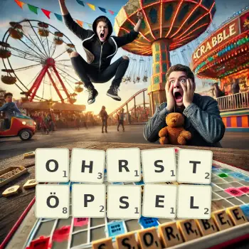 Kreative Illustration für ein Scrabble-Spiel, bei dem das Wort OHRSTÖPSEL mit Steinen auf dem Brett gelegt wurde.