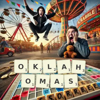 Kreative Illustration für ein Scrabble-Spiel, bei dem das Wort OKLAHOMAS mit Steinen auf dem Brett gelegt wurde.