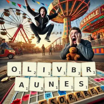 Kreative Illustration für ein Scrabble-Spiel, bei dem das Wort OLIVBRAUNES mit Steinen auf dem Brett gelegt wurde.