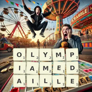 Kreative Illustration für ein Scrabble-Spiel, bei dem das Wort OLYMPIAMEDAILLE mit Steinen auf dem Brett gelegt wurde.